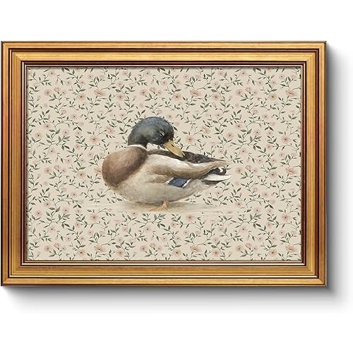 Vintage Gold Framed Mallard Duck Wall Art, 12x16 Inch Bird Painting Botanical Floral Pattern Canvas Print, Rustic Animal Artwork Living Room Bedroom Entryway Farmhouse Office Home Décor