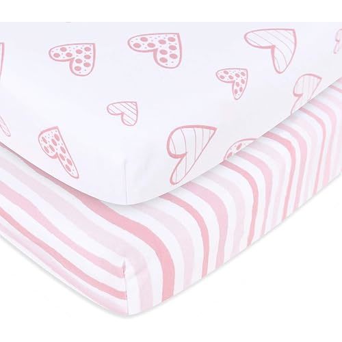 Biloban Pack and Play Sheets Fitted, 2 Pack Playard Sheets Fits for Graco Pack n Play Mattress, 100% Jersey Knit Cotton Mini Crib Sheets for Baby Boys & Gril