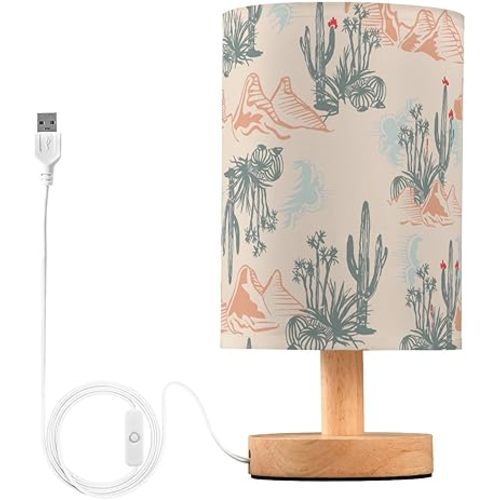 Bedside Table Lamp Western Desert Cactus Mountains Nightstand Lamp with Wood Desk Lamps for Bedroom Living Room Nursery Office Home Decor
