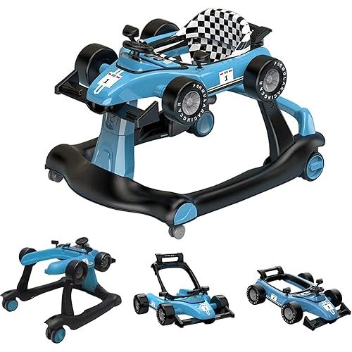 4-in-1 Baby Walker, Foldable Activity Walker with Adjustable Height & Speed, Music, Lights, Steering Wheel, Activity Baby Push Walker for Boys Girls Aged 6–18 Months (Blue)