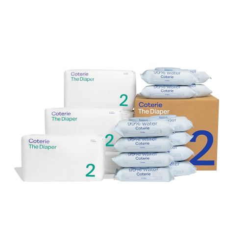 Coterie Baby Wipes + Diapers Kit, Size 2 Diapers (186 Count) & 12 Pack (672 Count) Baby Wipes with 99% Water, Plant Based Materials, Hypoallergenic for Sensitive Skin