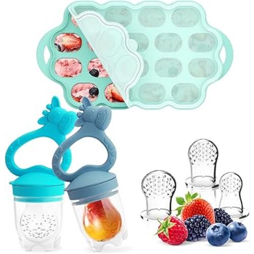 Baby Fruit Food Feeder Breastmilk Popsicle Molds for Teething Relief, Introduce New Foods, Silicone Freezer Tray with Lid, Includes 6 Food Pacifiers (Blue & Green)