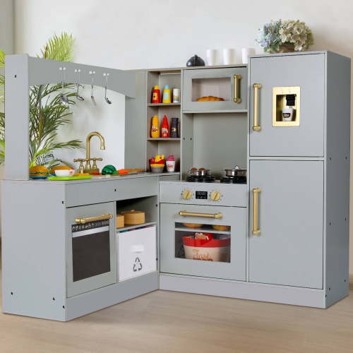 Pirecart Pretend Play Corner Kitchen Kids Kitchen Playset Wooden Pretend Kitchen Toys with Faucet, Sink, Microwave, Oven, Storage Cabinets and Sounds & Lights, Gray