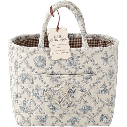 Quilted Car Storage Basket Tote Bag and Diaper Caddy for Moms (Blue Toile)