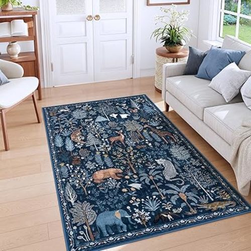 OJIA Jungle Print Blue 5x7 Rugs for Living Room, Soft Ultra-Thin Washable Area Rugs for Bedroom Non-Slip Modern Entryway Rug Non Shedding Indoor Carpet Kids Rugs for Playroom Nursery Classroom