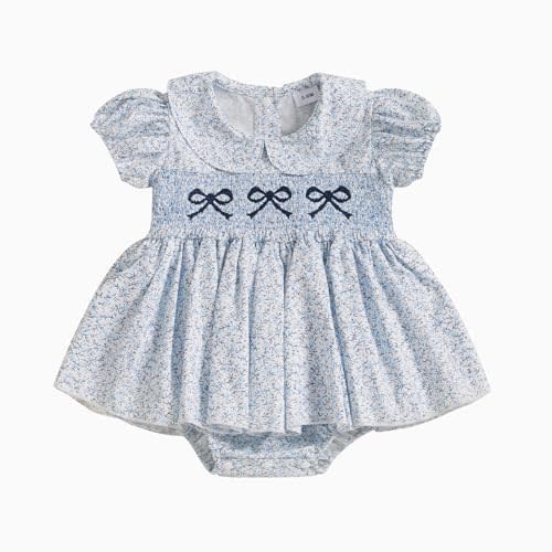 xkwyshop Newborn Baby Girl Summer Clothes Floral Smocked Bubble Romper Dress Doll Collar Short Sleeve Bow Bodysuit Clothes