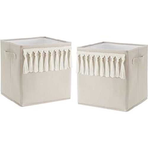 Sweet Jojo Designs Boho Bohemian Foldable Fabric Storage Cube Bins Boxes Organizer Toys Kid Baby Children - Set of 2 - Solid Taupe Beige Ivory Cream Off White Linen Farmhouse Shabby Chic Modern Tassel