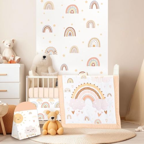 4 Pieces Baby Crib Bedding Set for Girls and Boys, Bohemian Rainbow Soft Baby Bedding Set Including Crib Skirt, Comforter, Sheet and Diaper Stacker for Nursery