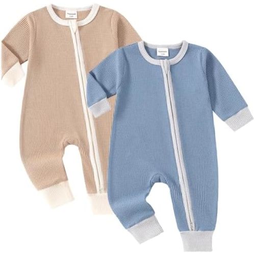 Baby 2 Pack Rompers Long Sleeve Waffle Two Way Zipper One-Piece Romper Cotton Jumpsuit Outfits