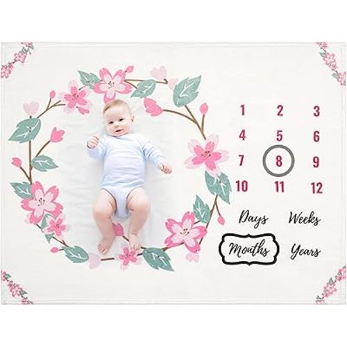 Baby Monthly Milestone Blanket Floral, First 12 Months Baby Milestone Blanket for Baby Girl, for Newborn Girls, Newborn Essentials Photo Blanket for Age and Growth 40x50