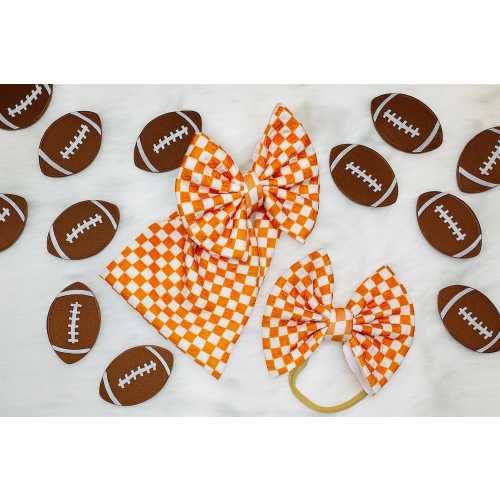 Orange and White Checker Football Baby and Toddler Bow on Headwraps, Headbands, Clip Ons