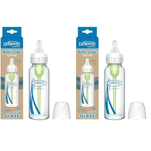 Dr. Brown’s Natural Flow® Anti-Colic Options+™ Narrow Glass Baby Bottle 8 oz/250 mL, with Level 1 Slow Flow Nipple, 2 Pack, 0m+