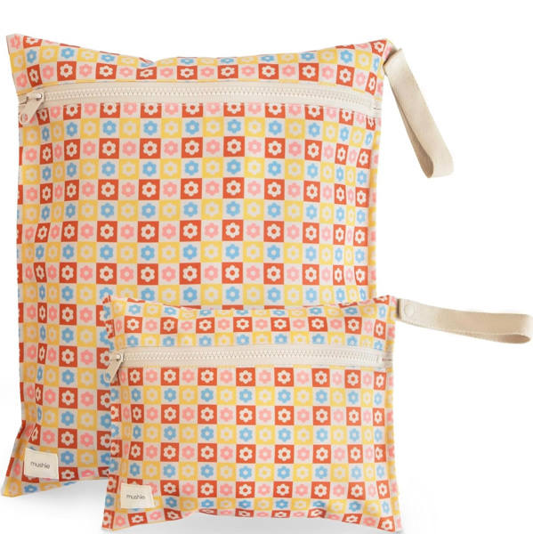 mushie Water Resistant Wet Bags | Large & Small Reusable Storage Bag for Baby Items and Travel | Zippered Pockets with Handle | Machine Washable, Set of 2 (Happy Flowers Check)
