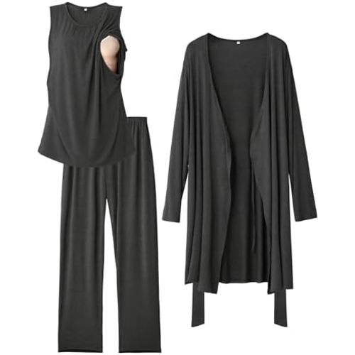 Rnxrbb Nursing Pajamas Gown Set for Women Breastfeeding Postpartum Pajama Maternity Pj for Hospital 3 PCS
