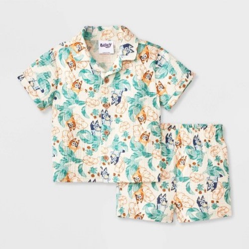 Baby Boys' 2pc Bluey Gauze Button-Up Top & Shorts Set - Ivory 6-9M