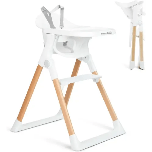 Munchkin Float Baby High Chair, Foldable and Easy to Clean, for Babies and Toddlers, White with Wooden Legs
