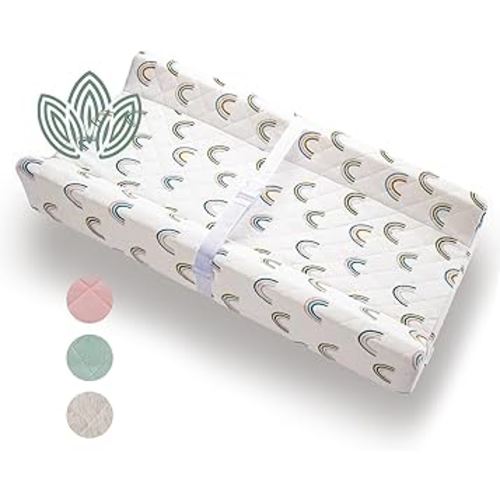 Organic Cotton Contoured Baby Changing Pad w/Waterproof Foam Mattress, Includes Soft, Removable & Washable Cover, Safety Strap, Non-Slip Bottom, Topper for Standard Size Infant Diaper Table & Dresser