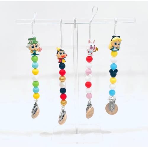 Alice in Wonderland pacifier clips, keychains, backpack charms, baby gift, baby shower, mad hatter, Queen of hearts, White Rabbit, custom