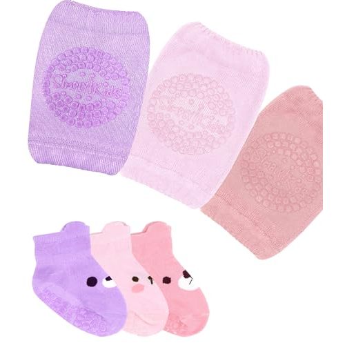 Baby Knee Pads for Crawling and Baby Socks for Walking (6 Pairs, 6-12 12-18 Months) I Toddler Socks with Grippers and Crawling Anti-Slip Knee Pads Infant Boys Girls Rodilleras para Bebes que Gatean