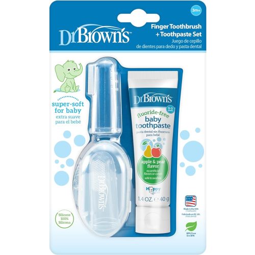 Dr. Brown's 100% Silicone Baby Finger Toothbrush and Toothpaste Set, 2-Pack Toothbrush with Storage Case, Fluoride-Free Apple Pear Toddler Toothpaste - Finger Toothbrush & Apple Pear Toothpaste