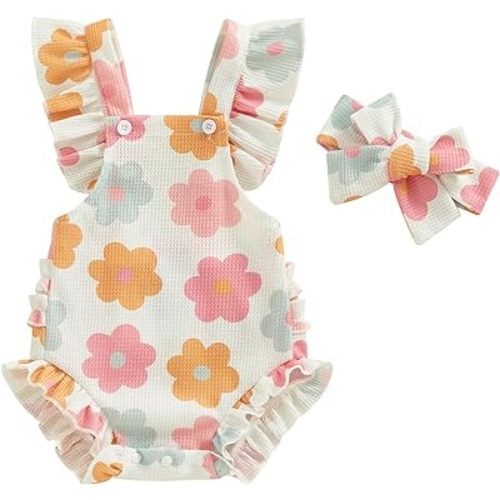 Infant Baby Girl Summer Clothes Outfits Cute Print Fly Sleeve Romper Jumpsuit Bodysuit with Headband