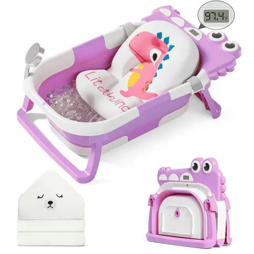 MoreFeel Collapsible Baby Bathtub for Newborn with Thermometer & 1 Hooded Towel & 1 Soft Floating Cushion,Portable Travel Bathtub with Drain Hole, Durable Foldable Baby Tubs for Infants to Toddler