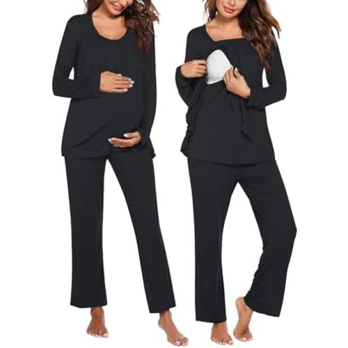 Ekouaer Maternity Nursing Pajama Set Long Sleeve Top & Pants with Pockets Breastfeeding Sleepwear Double Layer Pregnancy