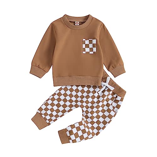 Baby Boy Girl Fall Outfits Checkered Plaid Pullover Sweatshirt Top Pants Set Trendy Toddler Checkerboard Outfit