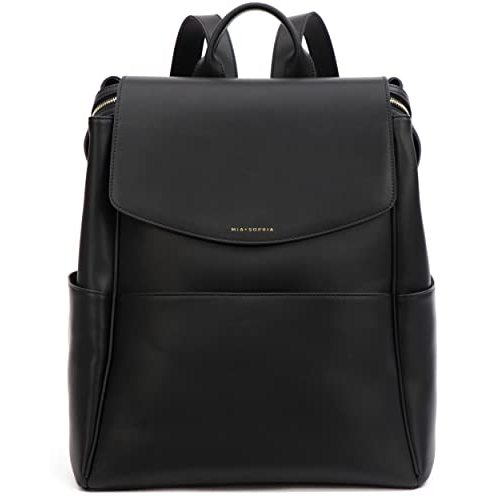 MIA + SOPHIA Leather Diaper Bag Backpack with Changing Pad, Stroller Straps, Bottle Holder (Black Olivia)
