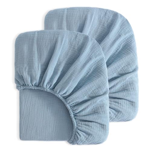 NTBAY 2 Pack Muslin Cotton Crib Sheets, Soft and Breathable Double Layer 28x52 Baby Crib Sheets for Standard Crib and Toddler Mattresses, Boys, Girls, Unisex, Sky Blue, 28x52 Inches