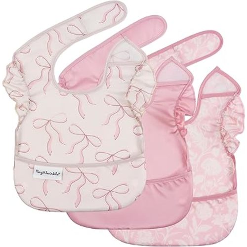 Tiny Twinkle Mess-Proof Baby Bibs for Eating | Waterproof, Wipeable Toddler Bibs with Catch-All Pocket | Feeding Bibs for Girls & Boys(3 Pack,Toile,Bows)
