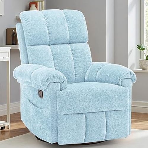 Recliner Chair, Swivel Rocker Recliner Chair for Adults, Small Recliners for Small Spaces, Manual Recliner with Side Pockets, Upholstered Nursery Rocking Chair for Living Room, Chenille, Blue