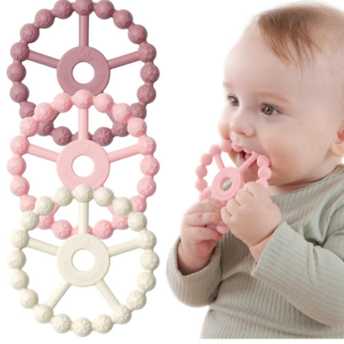3 Pack Ring Teether Baby Infant Toys, Baby Essentials, Silicone Teething Ring Toys for Babies 0-6 Months, Seposeve Toddler Teethers 6-12 Months 12-24 Months, Infant Teething Relief, Purple Pink White