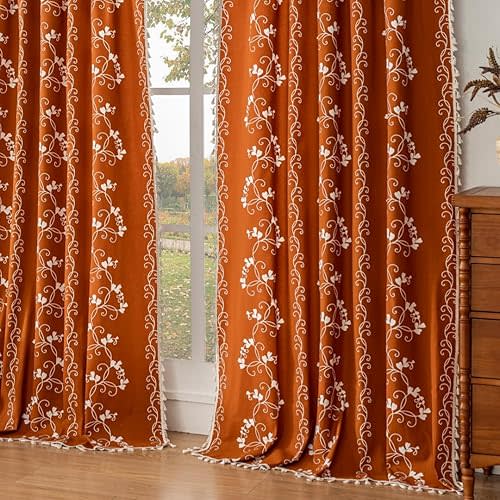 F-CHU Terracotta Curtains for Bohemian 90 Inch Length French Country Floral Drapes Farmhouse Rustic Vintage Window Curtain Panels for Bedroom Chic Country Curtains,2 Panel 52" W x 90" L