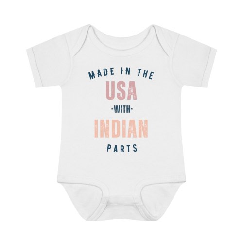 Made in US with Indian Parts Infant Baby Rib Bodysuit, Dual Citizen, Half Indian, Half American, funny, newborn gift, India, USA