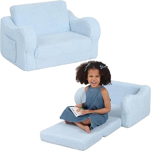 Comfy Toddler Chair, 2-in-1 Toddler Couch Fold Out, Convertible Sherpa Sofa to Lounger for Boys & Girls, Blue