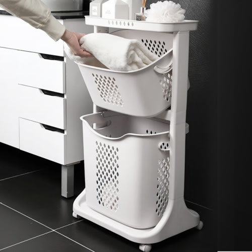 2 Tier Rolling Laundry Hamper Cart, Hollow Laundry Basket with Wheels, Movable Laundry Basket Cart, Laundry Hamper Organizer, 2 Tier Basket for Bathroom Laundry Room Dorm