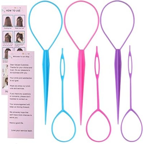 Topsy Tail Hair Tool Set - 6pcs Loop Styling Tool, Ponytail Pull Through, Two Sizes, 3 Colors (Pink/Purple/Blue) for Women, Girls & Kids