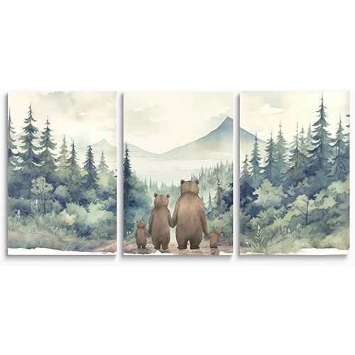 Rustic Bear Family Nursery Decor, Forest Animals Woodland Wall Decor, Love of A Family of Four, Set of 3 Canvas Prints, Landscape Bear Wall Art for Boy's Room Decor, Framed 16"x24"x3
