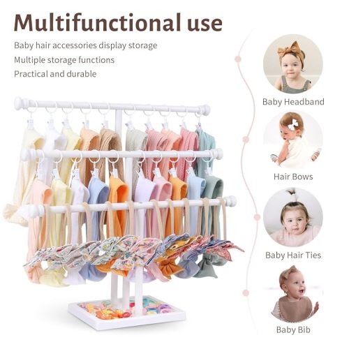 POVETIRE Headband Holder Stand Storage for Baby, 3 Tier Wooden Bow Organizer for Girls Hair Bows, Infant Hair Accessories Rack Display for Nursery Decor - White