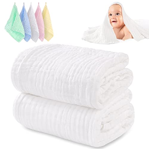 Muslin Baby Towel and Washclothes, HardNok 2 Large Gauze Super Soft Baby Bath Towel and 5 Washcloths, 6 Layers Muslin Cotton Infant Towel Suitable for Baby's Delicate Skin(White)