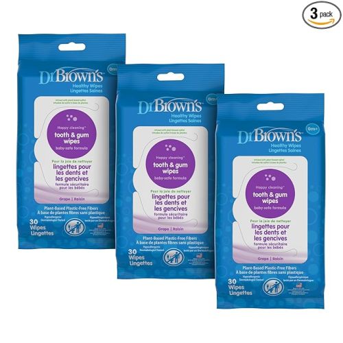 Dr. Brown's Tooth and Gum Healthy Wipes, Fluoride-Free Oral Care for Babies, Grape Flavor, 30 count, 3-Pack (Packaging May Vary)