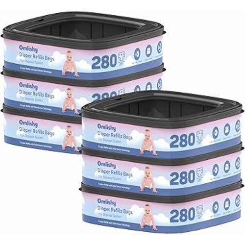 6 Pack Standard Square Bags Refill Compatible with Diaper Genie Compact, Select and Classic Pails, Max Odor Control, Disposal Bag Refills with Continuous Film, Hold Up to 280 Newborn-Sized Diapers