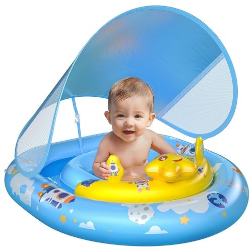 WayEee Baby Pool Float with UPF50+ Canopy - Inflatable Swim Float, Adjustable Safety Seat, Toy Play Console, Sun Protection for Baby 6-36 Months, Infant, Todder Summer Gift, Pool, Bathtub, Beach