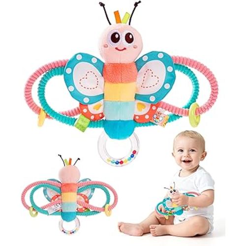 Jollybaby Soft Baby Rattles & Plush Rings Toy for Newborn 0-3-6-12 Months, Sensory Developmental Hand Teether Toys for Infant 0-2-4-7-8-9 Months, Baby Shower & Birthday Gifts - Butterfly