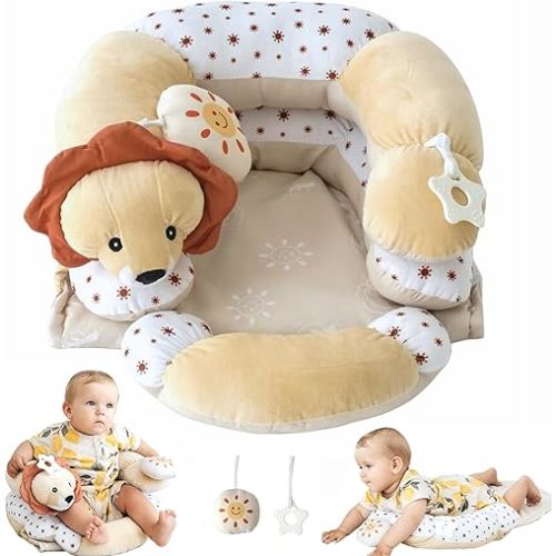 2 in 1 Tummy Time Mat and Seated Support Pillows - Newborns and Older Babies, Detachable Support Pillow and Two Toys, for Development of Strong Head and Neck (Sand)