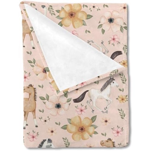 Watercolor Horse Floral Baby Blankets for Girls Boys Gift Cute Horses Boho Retro Flowers Swaddle Blanket Soft Flannel Receiving Throw Newborn Nursery Toddler Bed Blanket Playmat Crib Cover 30x40