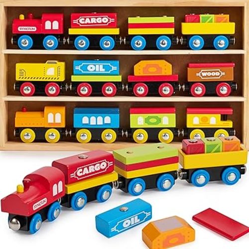Montessori Wooden Train Toy Set for Kids, 12PCS Magnetic Train Cars with Storage Gift Box, STEM Educational Toy for Boys & Girls, Ages 2-8 Years, Christmas Birthday Party Gift
