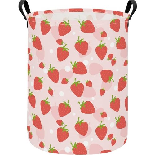 Collapsible Fabric Storage Basket, Waterproof Laundry Hamper with Handles, Round Storage Bin for Clothes Toys, Foldable Organizer for Bedroom Nursery Bathroom(Round-Pink Strawberry)