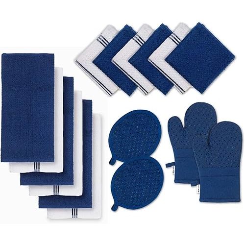 LANE LINEN Tea Towels for Kitchen - 16 Pc Kitchen Towel Set with Silicone Oven Mitts and Pot Holders Sets, Cotton Kitchen Towels, Absorbent Dish Towels, Hand Towels for Kitchen - Indigo